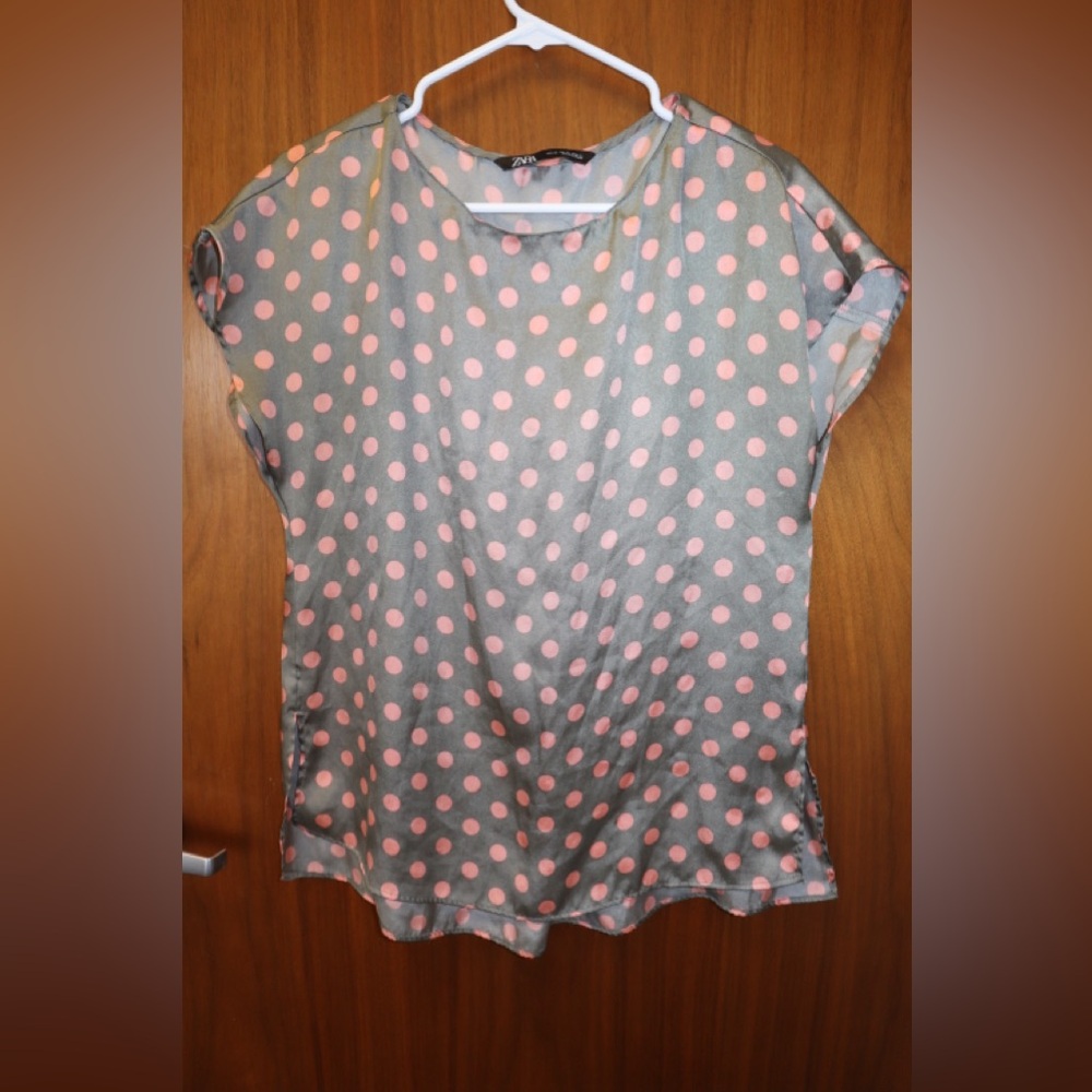 Zara Gray and Pink Polka Dot Blouse